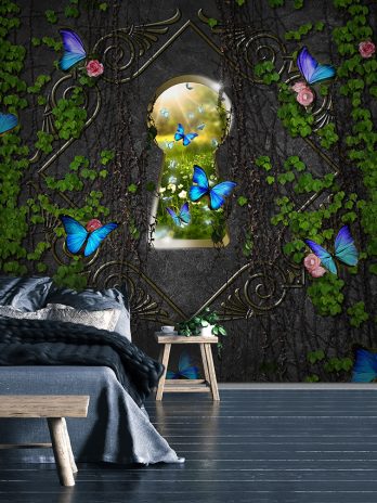 Fotobehang – Sleutelgat met blauwe vlinders – Fantasie