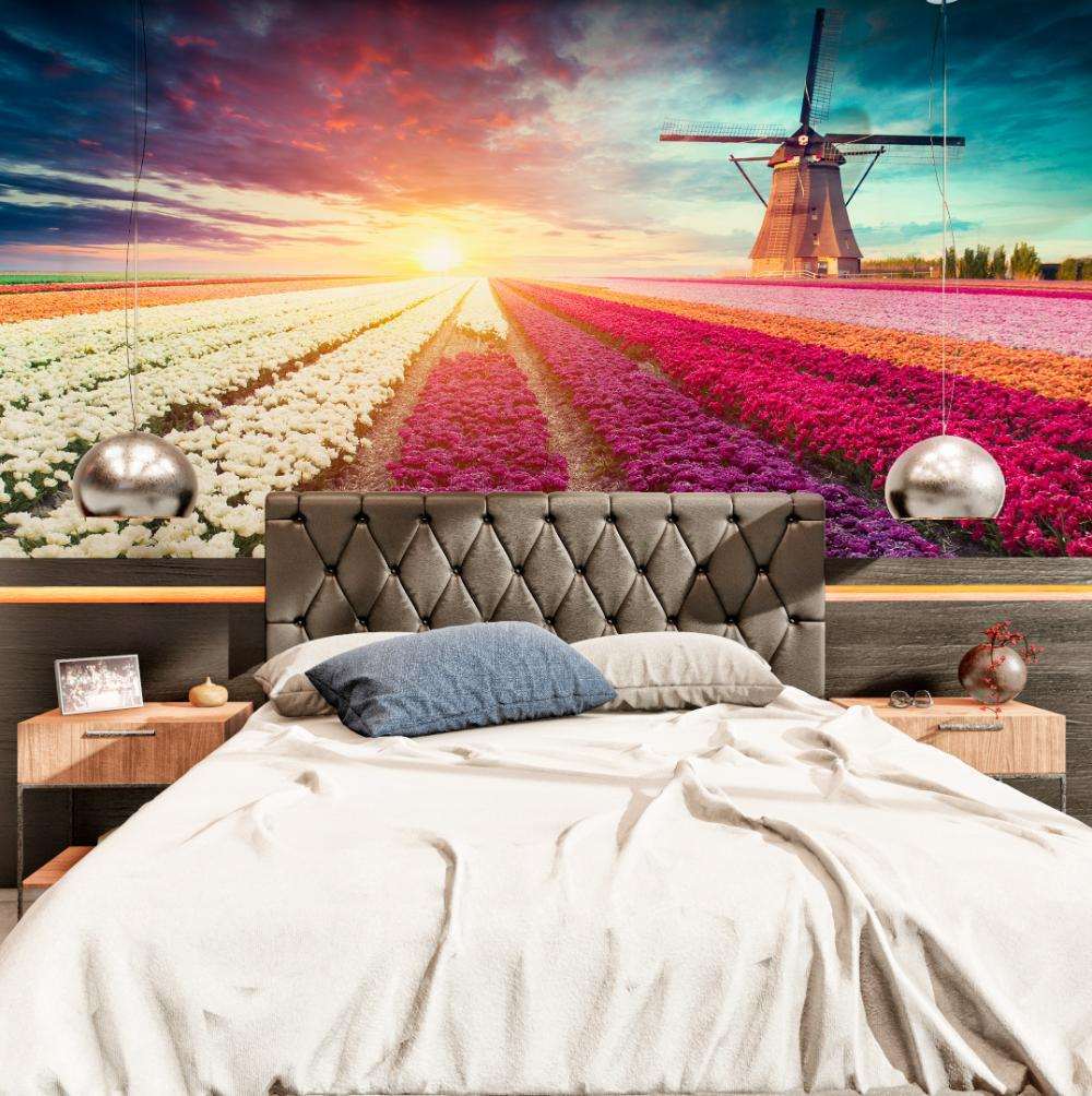 Kleurrijk Tulpenveld met Molen