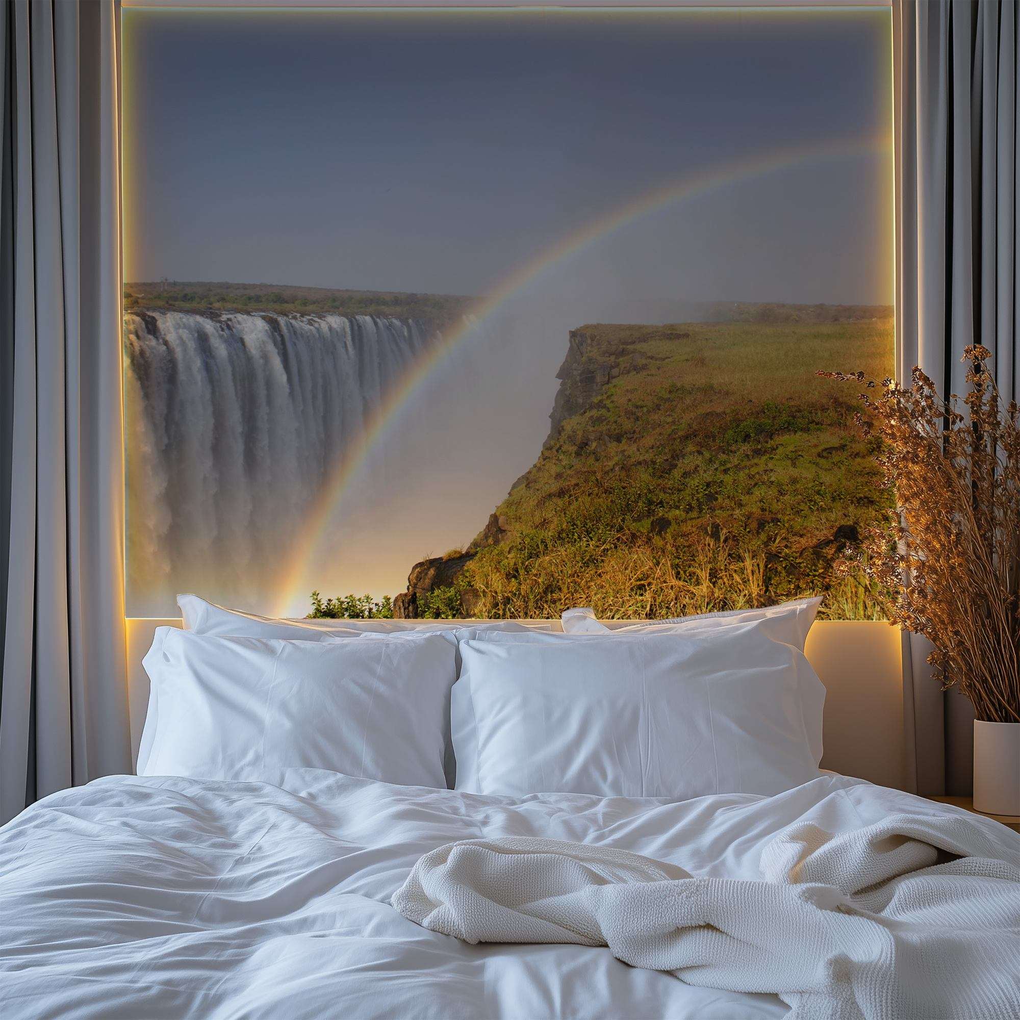 Brede Waterval met Regenboog in Mist