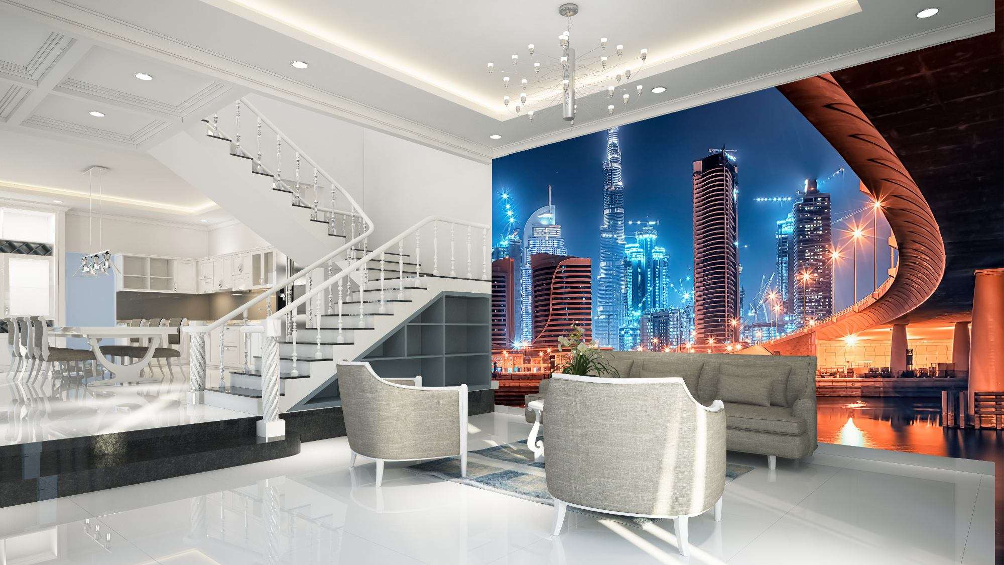 Dubai Nacht Skyline met Brug en Reflecties