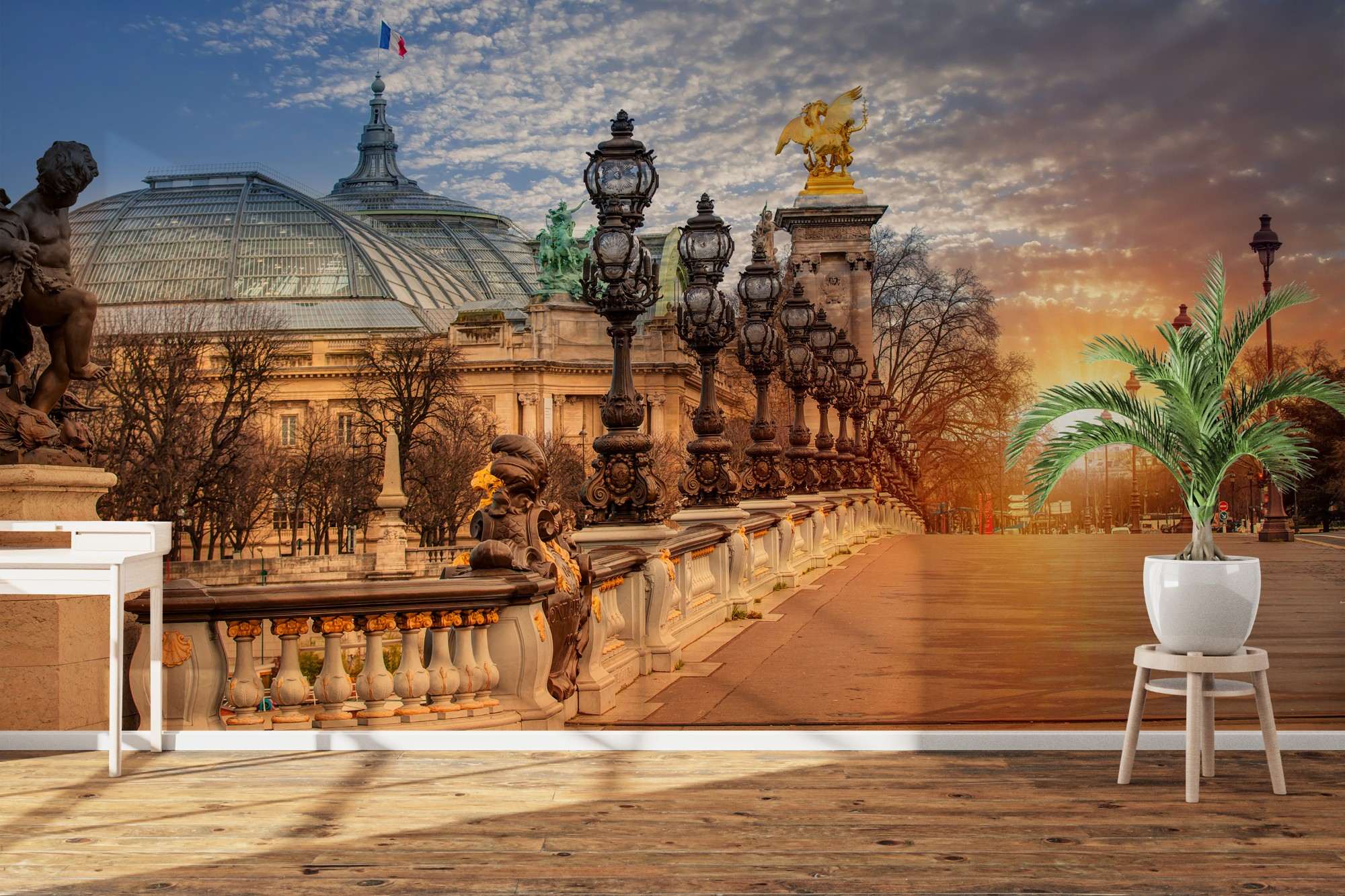 Klassieke Parijse Brug met Lantaarns bij Zonsopkomst