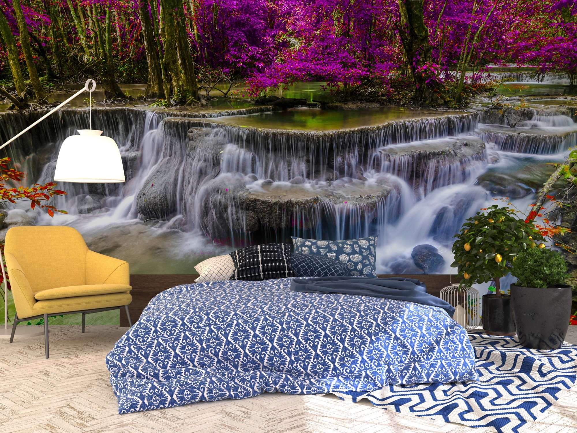 Kleurrijke Trapsgewijze Waterval met Bloemen