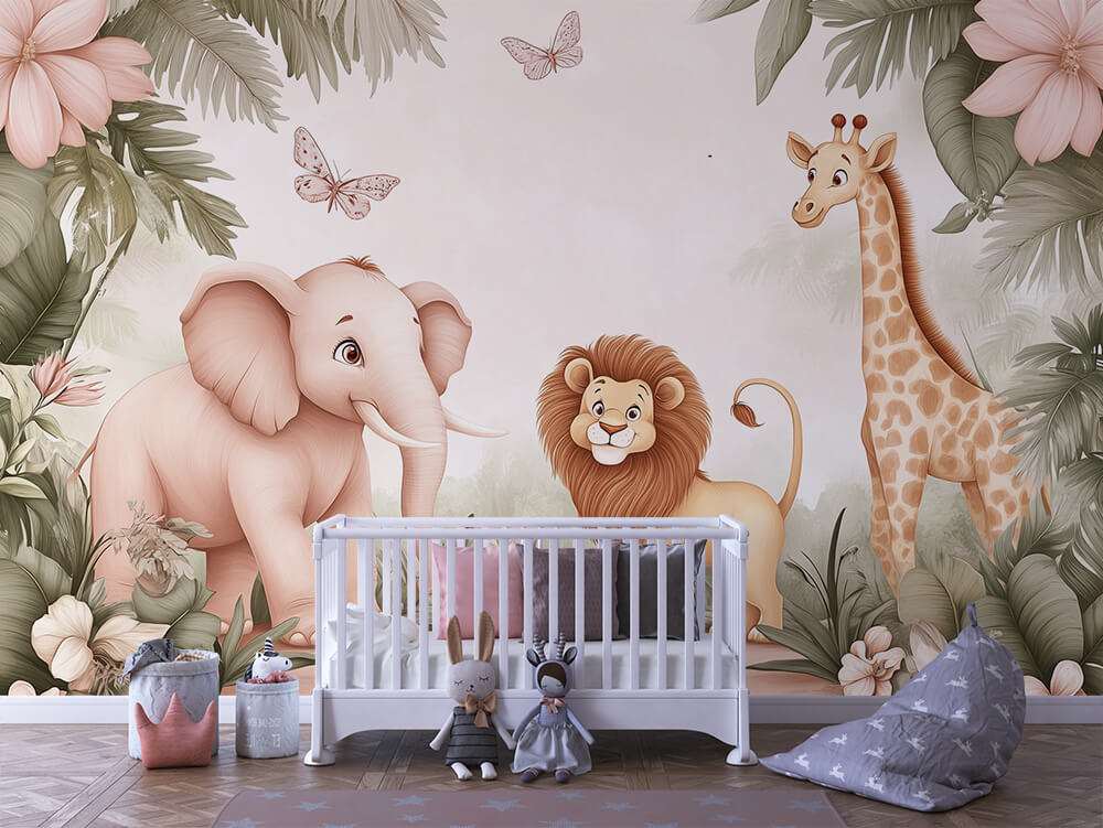 Baby safari dieren met bloemen kinderkamer