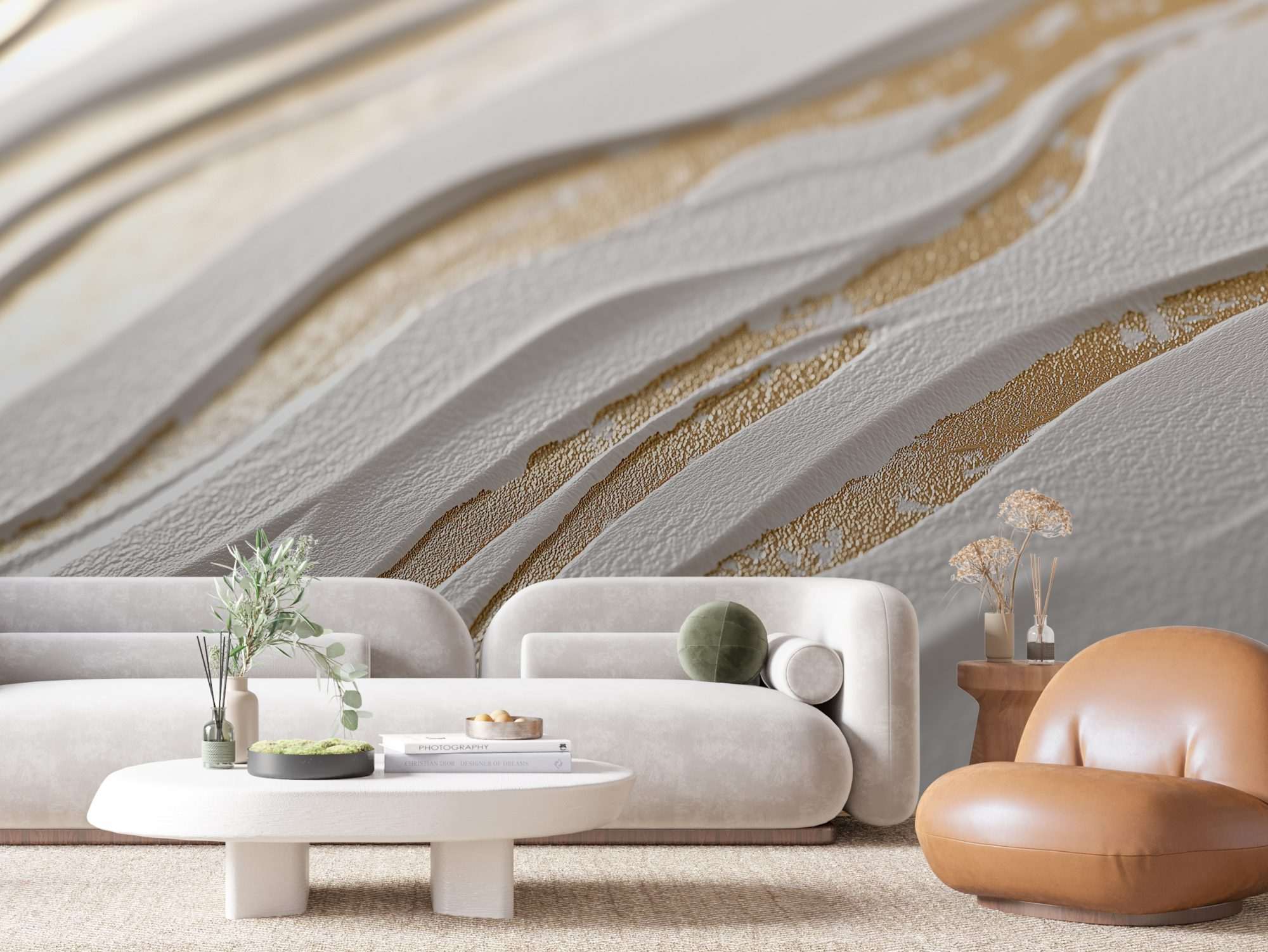 Beige Abstracte Reliëflijnen met Goudaccent