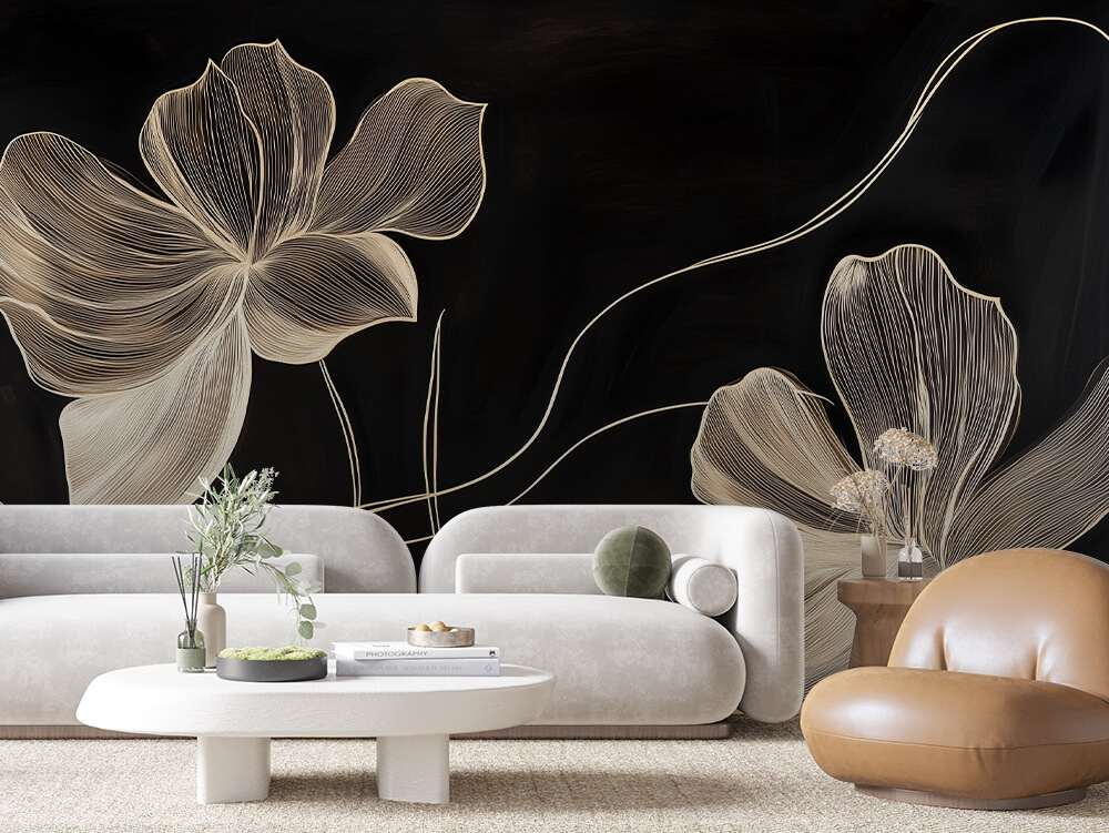 Beige Bloemen op Zwarte Achtergrond