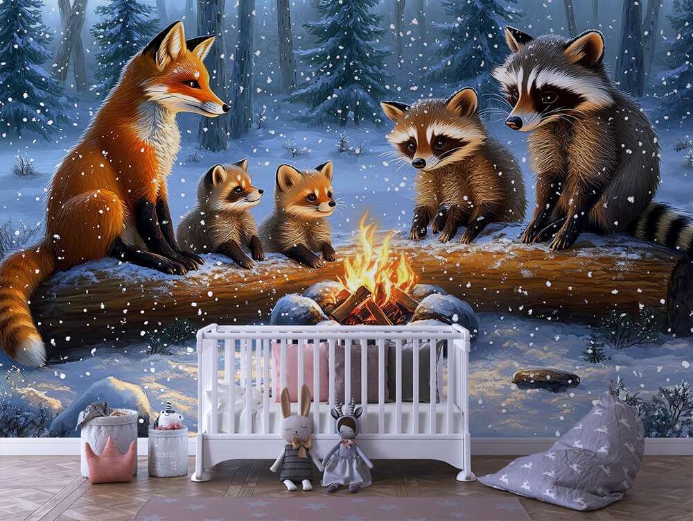 Bosdieren bij kampvuur winterbos