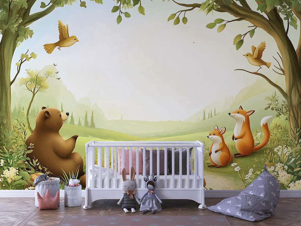 Bosdieren in open landschap kinderkamer