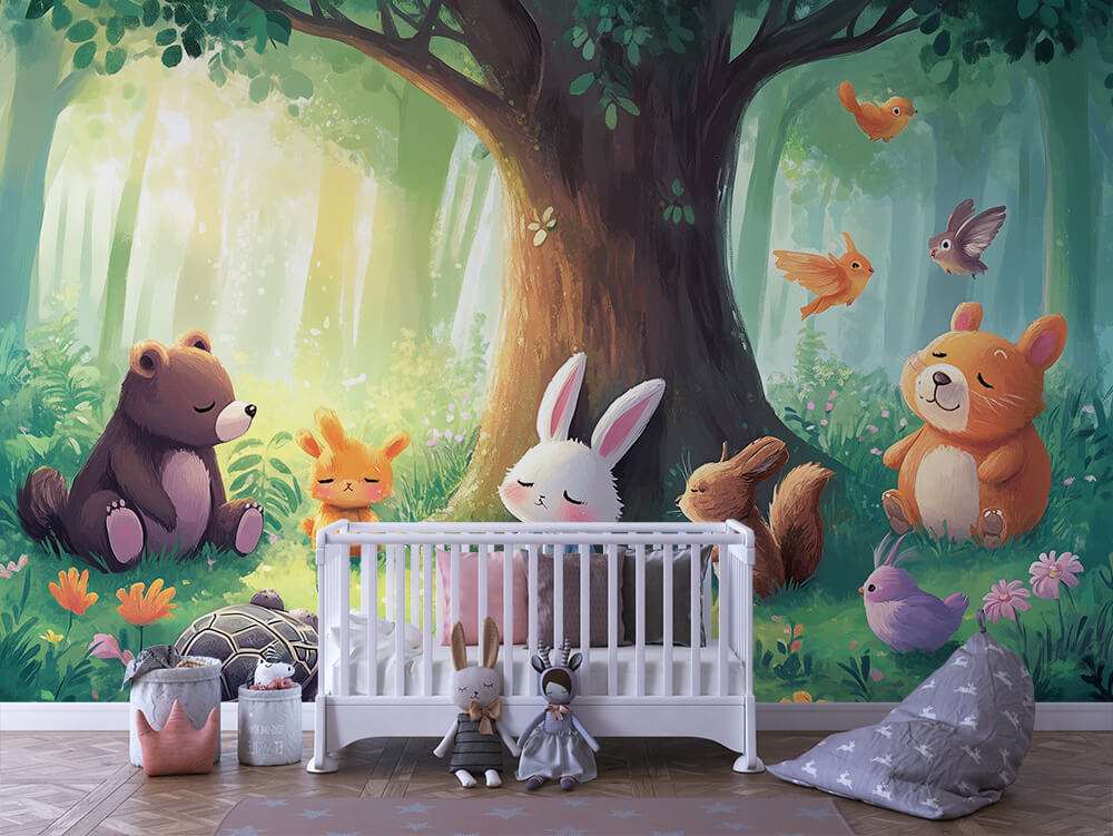 Bosdieren onder boom kinderkamer