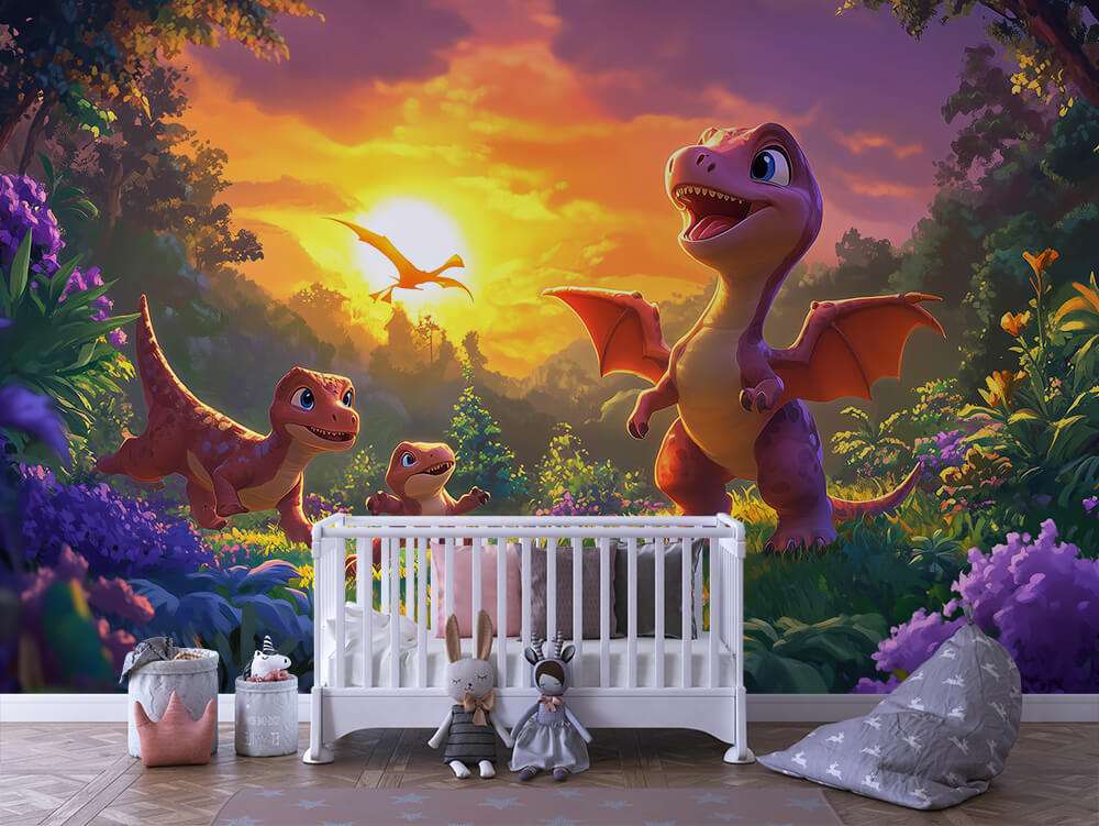 Dinosaurus familie bij zonsondergang kinderkamer