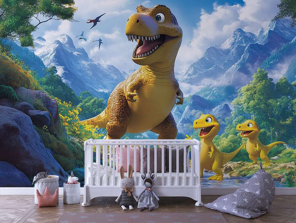 Dinosaurus familie rivier landschap kinderkamer