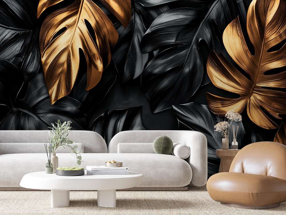 Gouden Monstera Bladeren op Donkere Achtergrond