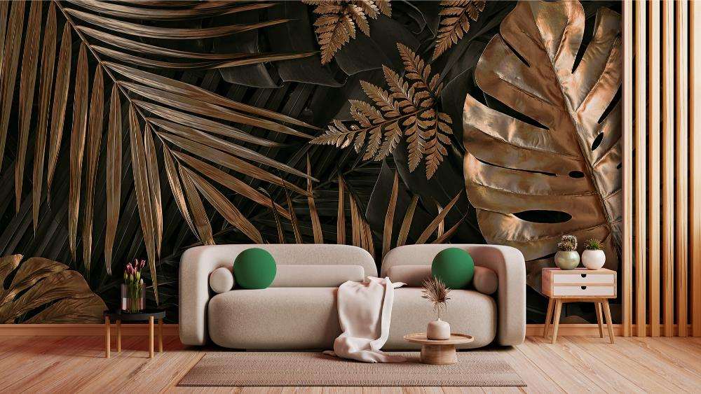 Gouden Tropische Bladeren op Donkere Achtergrond