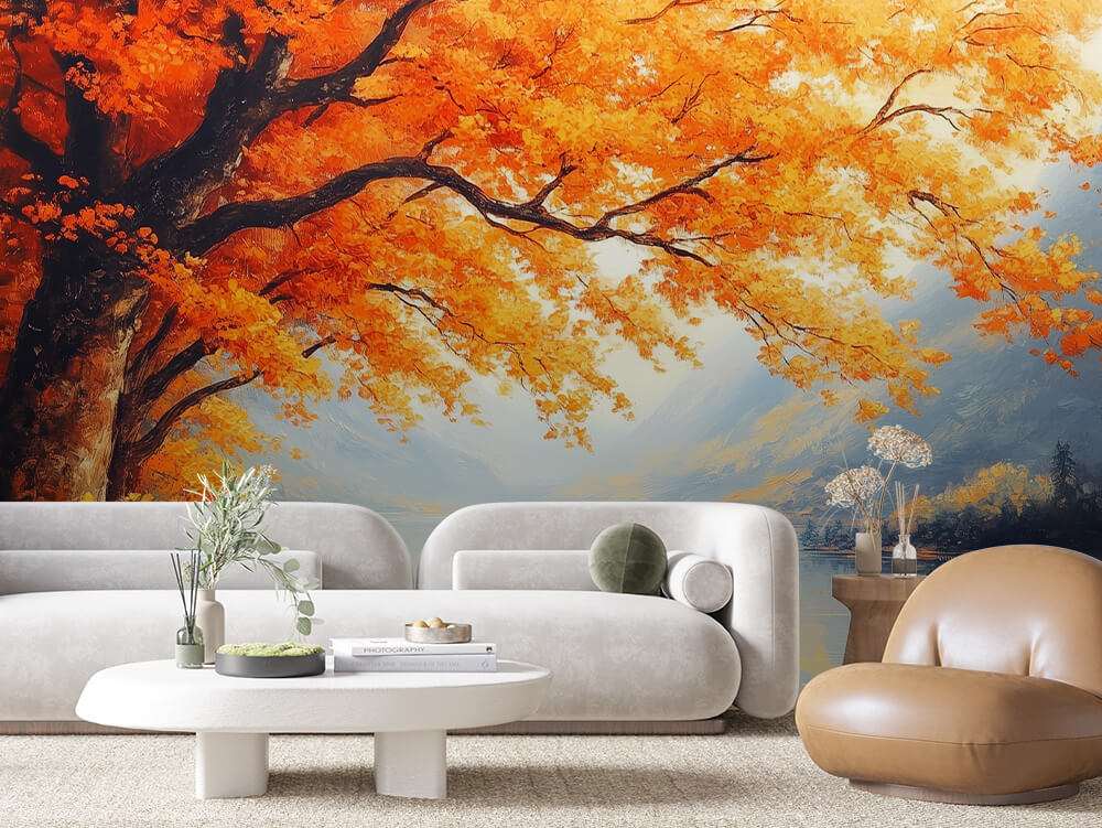 Herfstboom aan Meer met Bergen