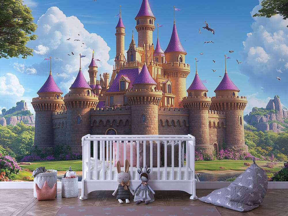 Kleurrijk sprookjeskasteel landschap kinderkamer