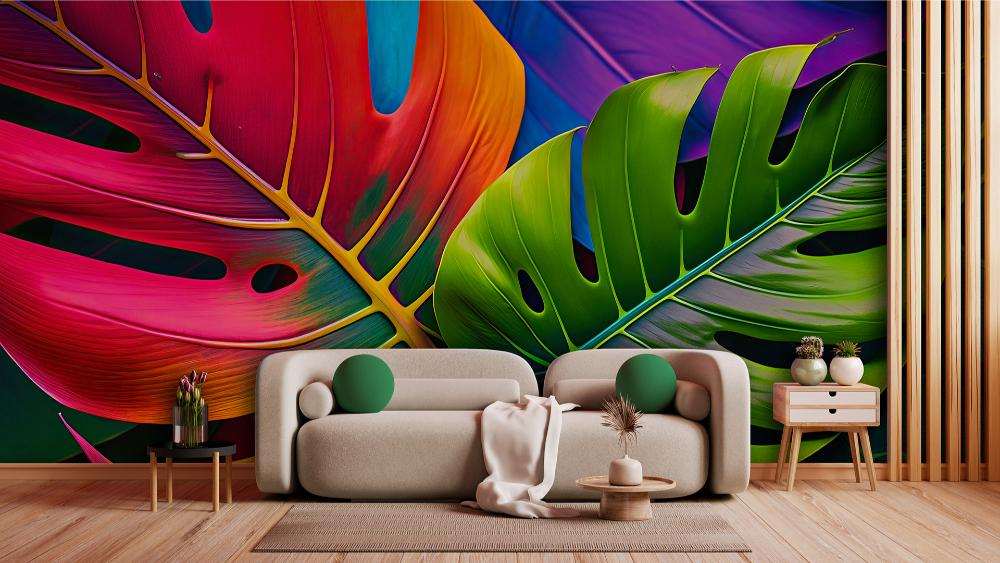 Kleurrijke Monstera Bladeren Regenboog Effect