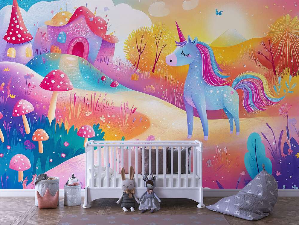 Kleurrijke unicorn fantasie landschap kinderkamer