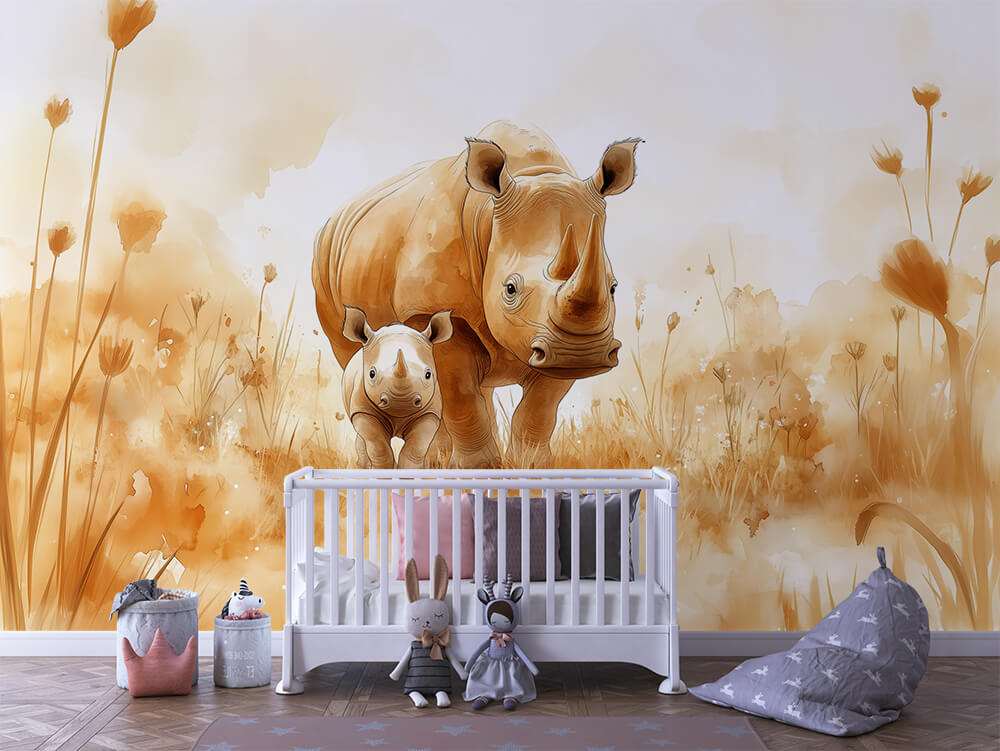 Neushoorn met jong natuur landschap kinderkamer