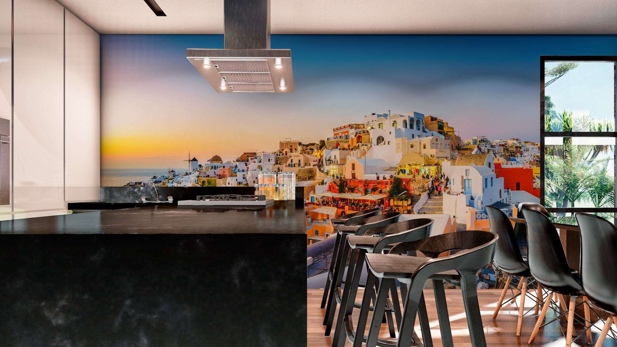 Panorama Santorini bij Avond met Verlichte Huisjes