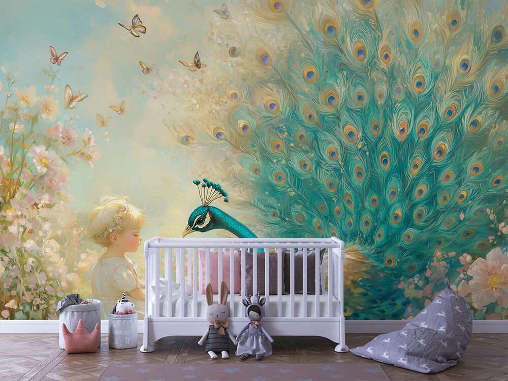 Pauw en kind pastel bloemen kinderkamer