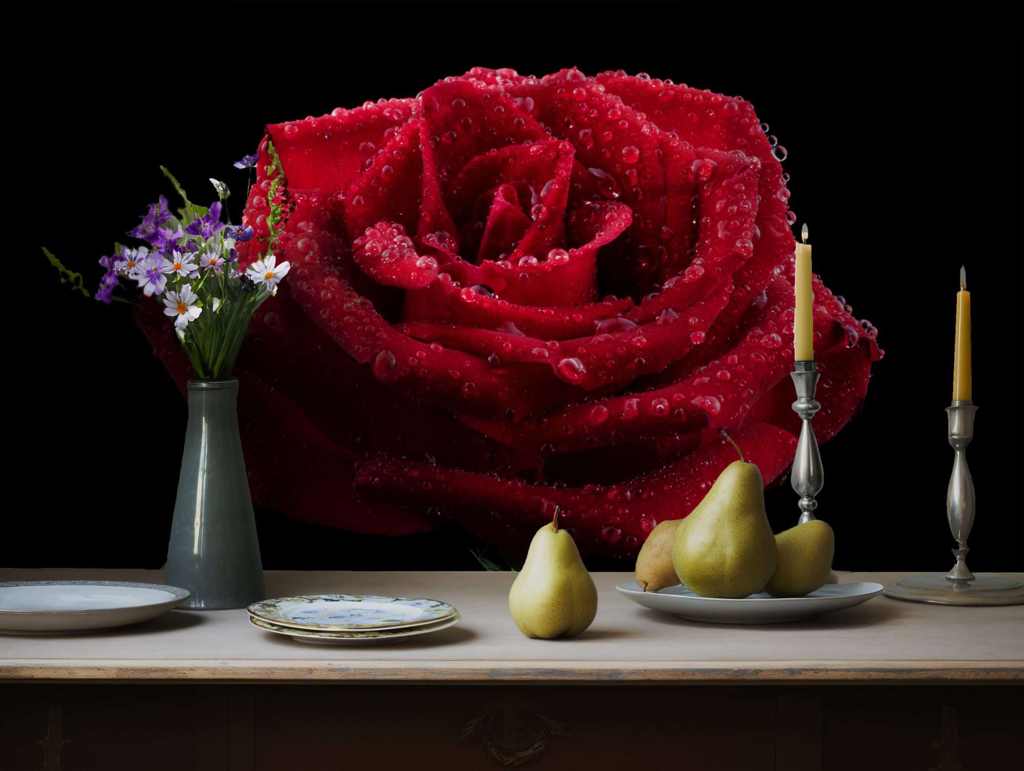 Rode Roos met Dauwdruppels op Zwarte Achtergrond