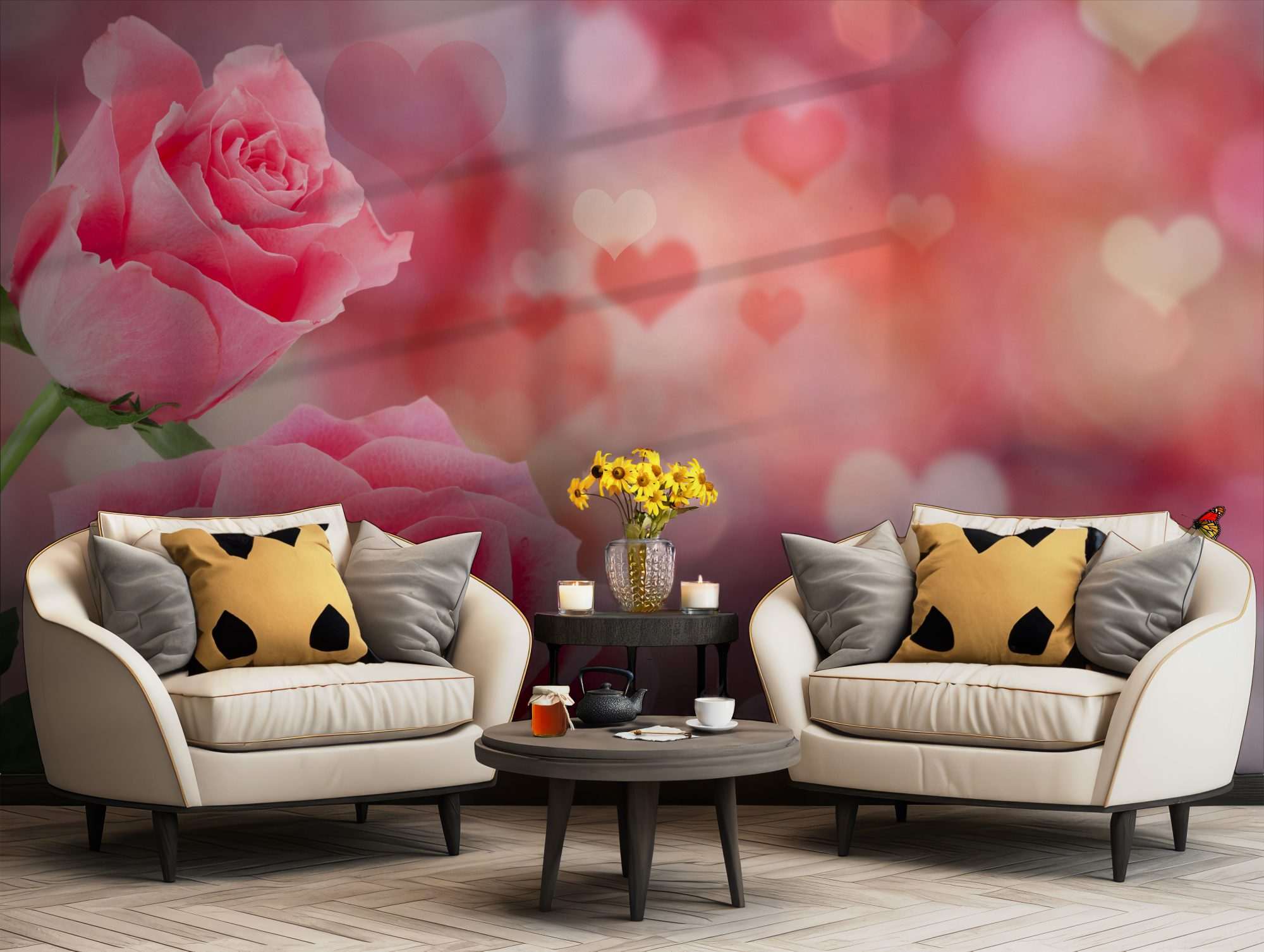 Roze Rozen met Hartjesachtergrond