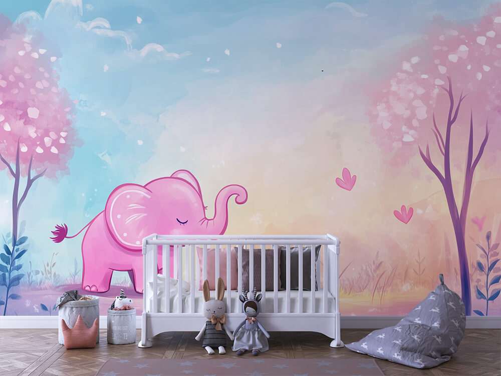 Roze olifant pastel kinderkamer