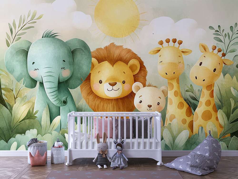 Safari dieren groep pastel kinderkamer