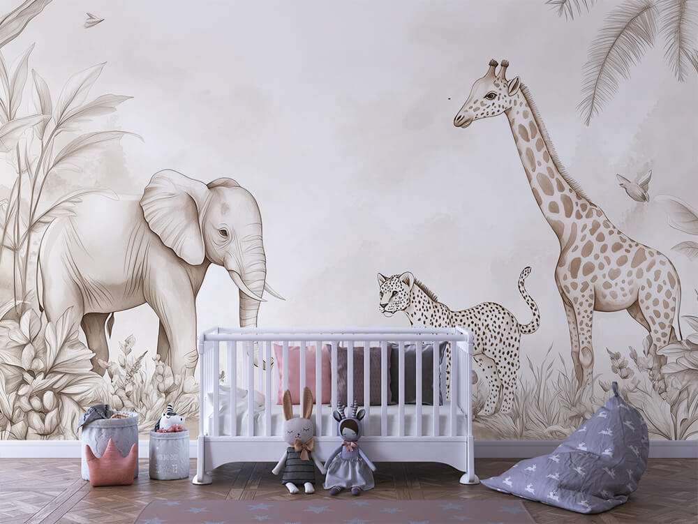 Safari dieren lijntekening kinderkamer