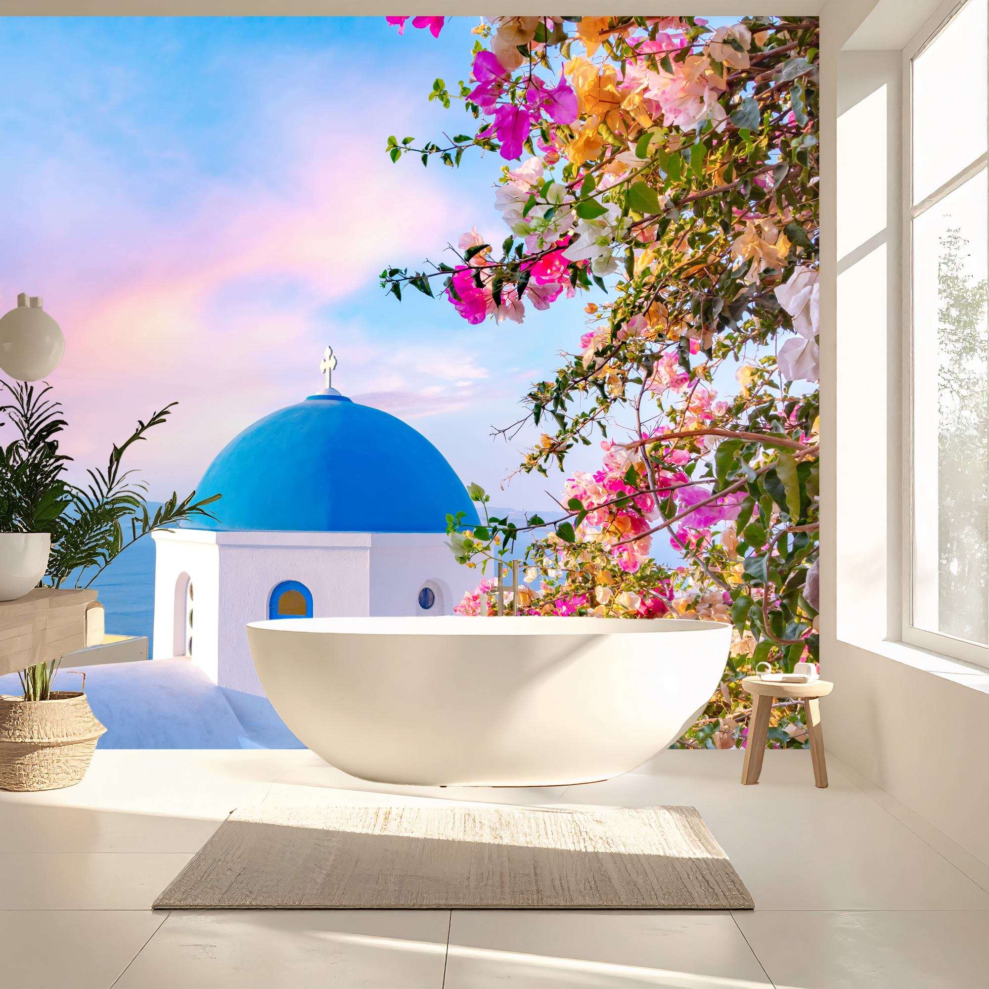 Santorini Blauwe Koepel met Bloemen bij Zonsopkomst