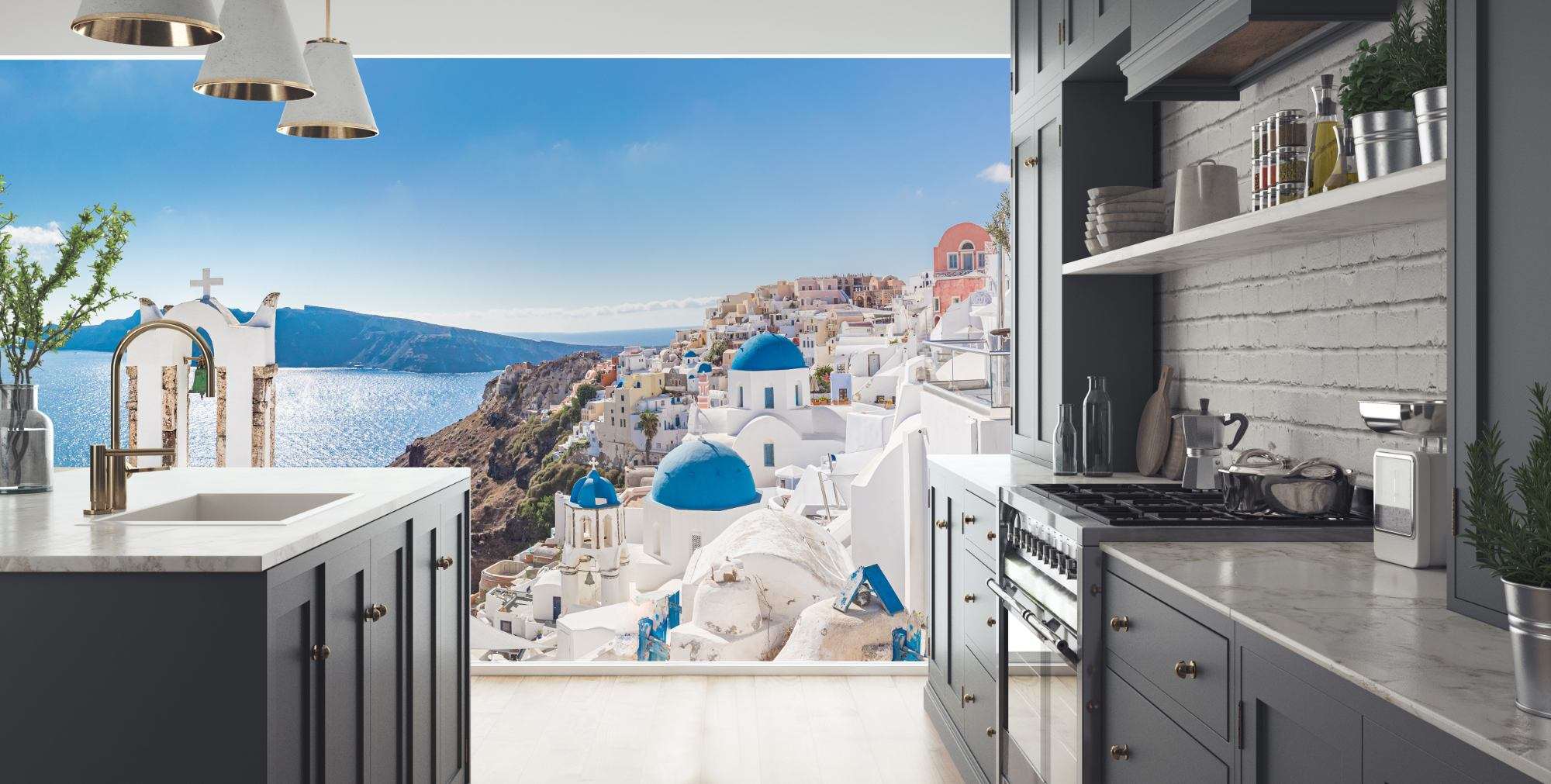 Santorini Wit Dorp met Zee en Heuvels