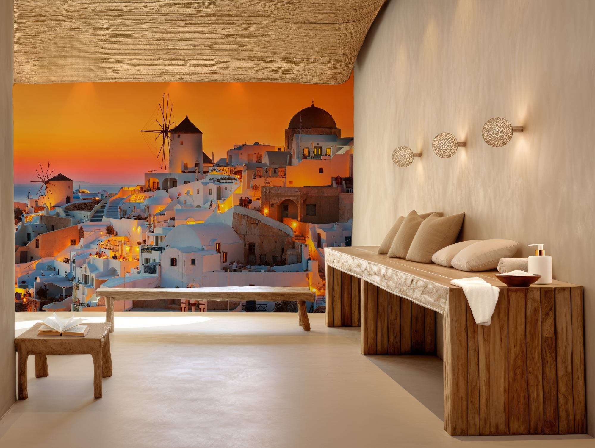 Santorini Zonsondergang met Windmolens en Witte Huisjes