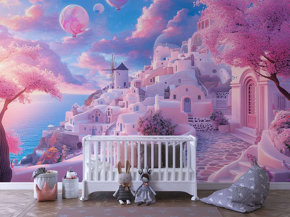 Sprookjesdorp met kasteel pastel kinderkamer