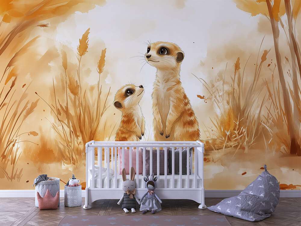 Stokstaartjes in warm natuur landschap kinderkamer