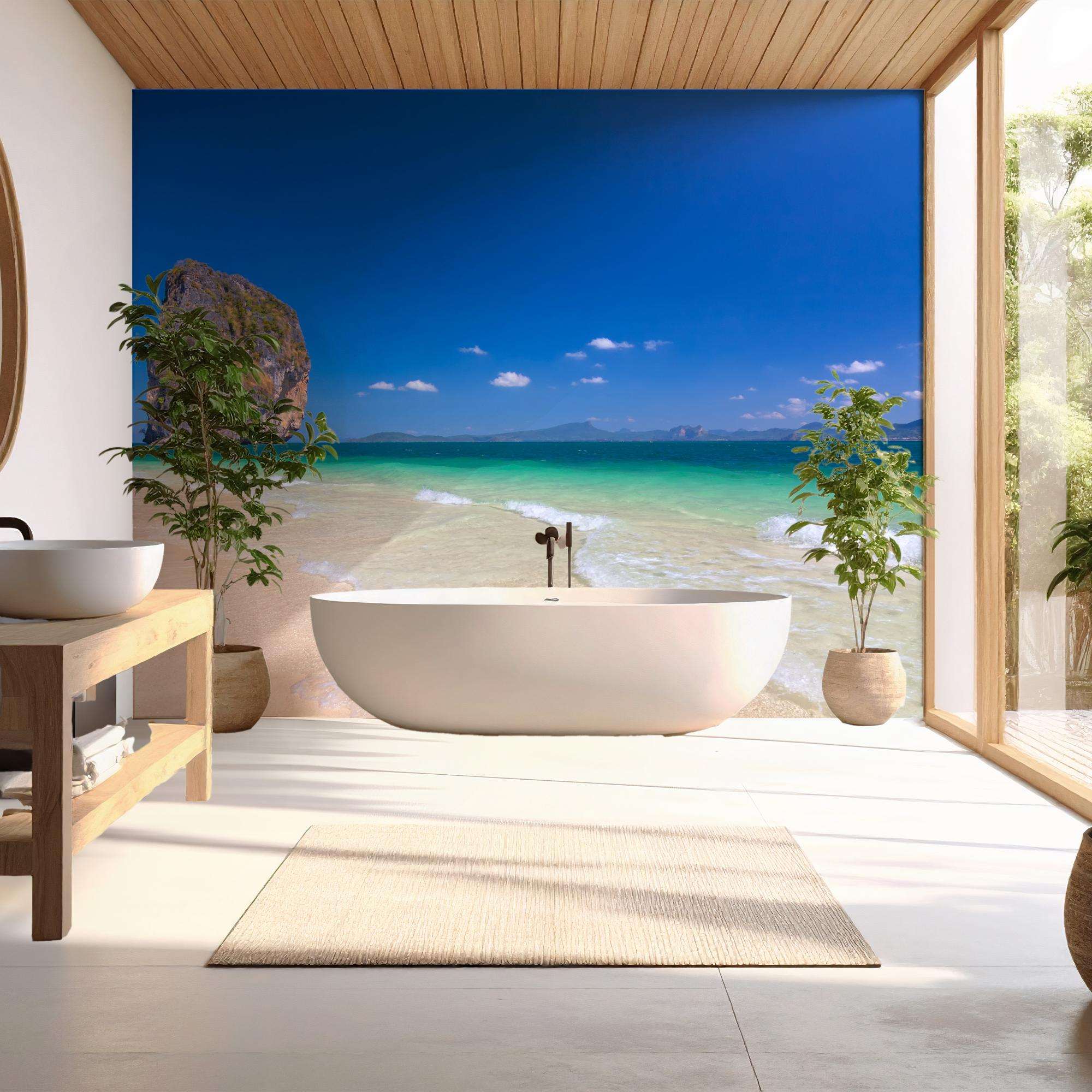 Tropisch Strand met Kalksteenrots en Turquoise Zee