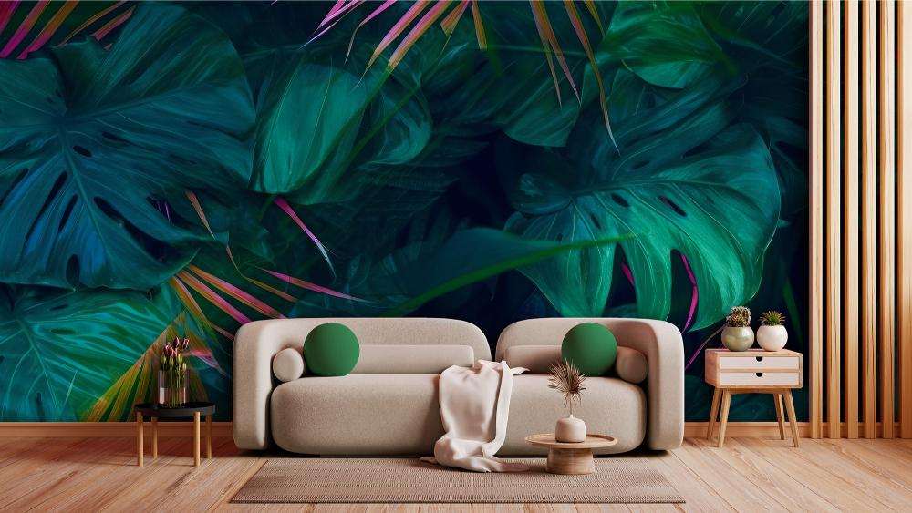 Tropische Bladeren Groen met Paarse Accenten