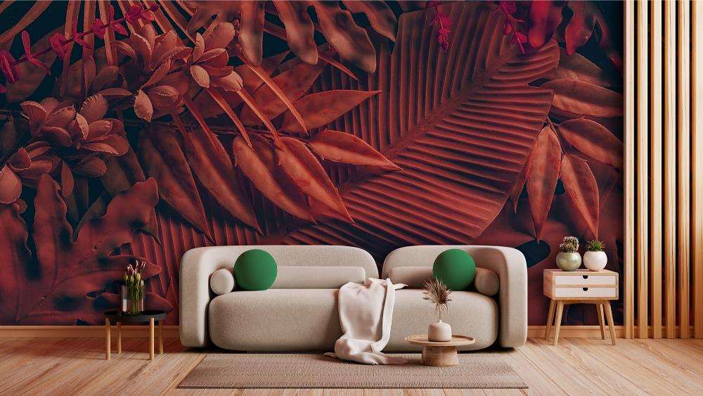 Tropische Bladeren in Warme Rood- en Oranje Tinten