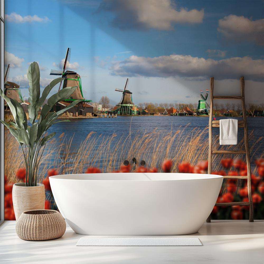 Tulpenveld met Windmolens en Water