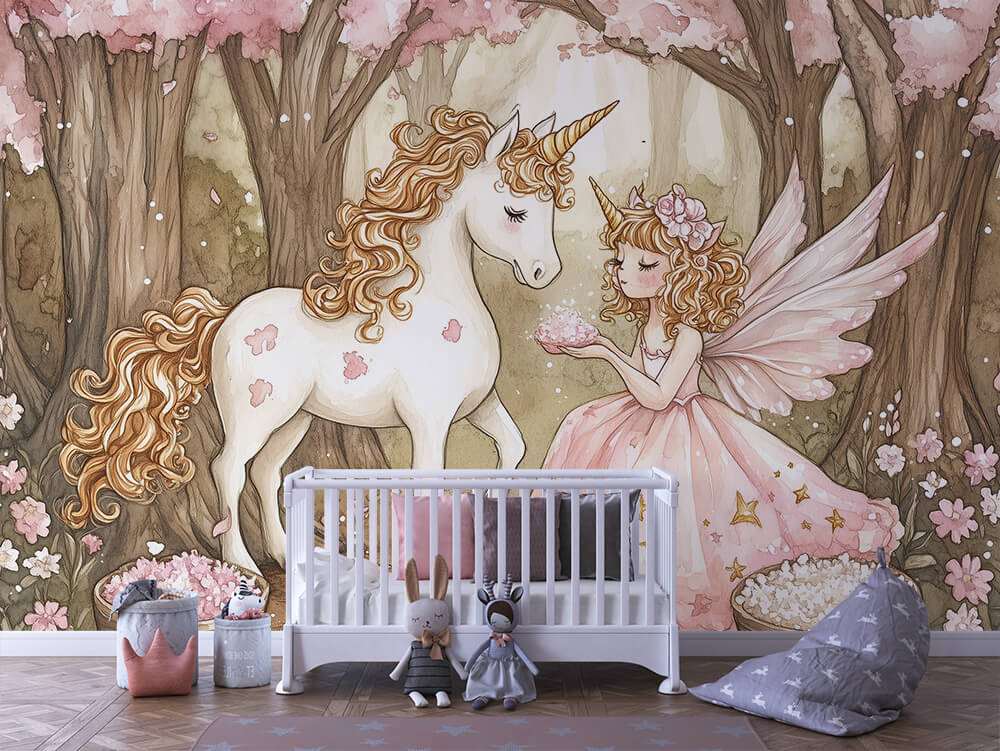 Unicorn en prinses bos bloemen kinderkamer