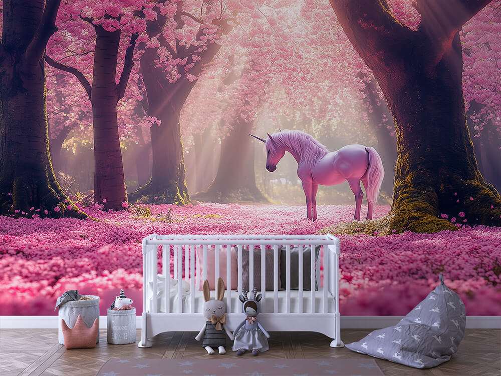 Unicorn in roze bloesem bos kinderkamer