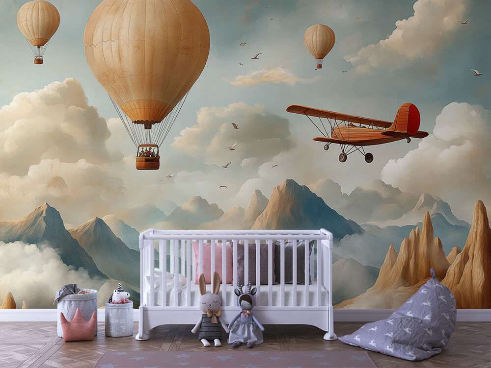 Vliegtuig en luchtballonnen bergen kinderkamer