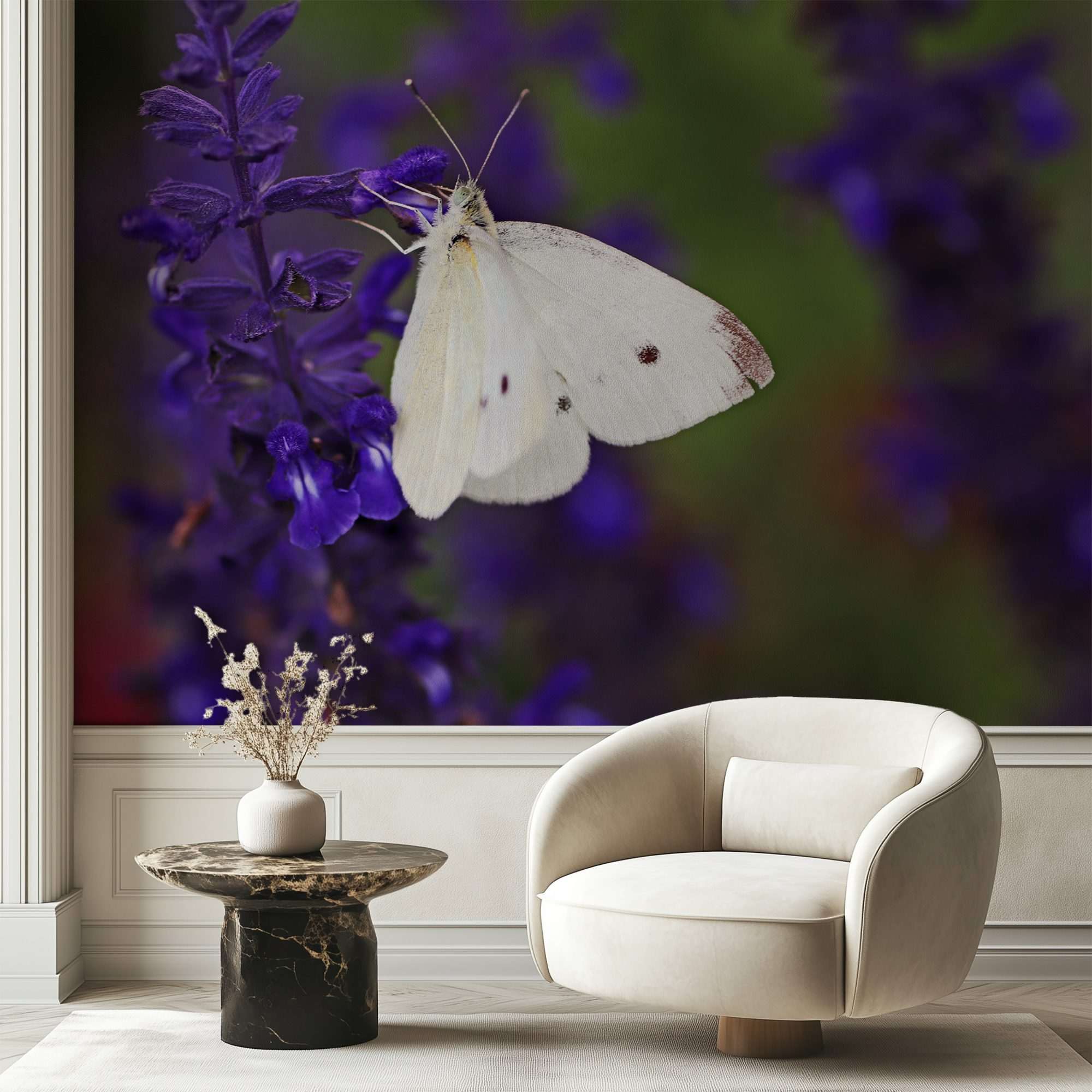 Witte Vlinder op Paarse Salie Bloemen