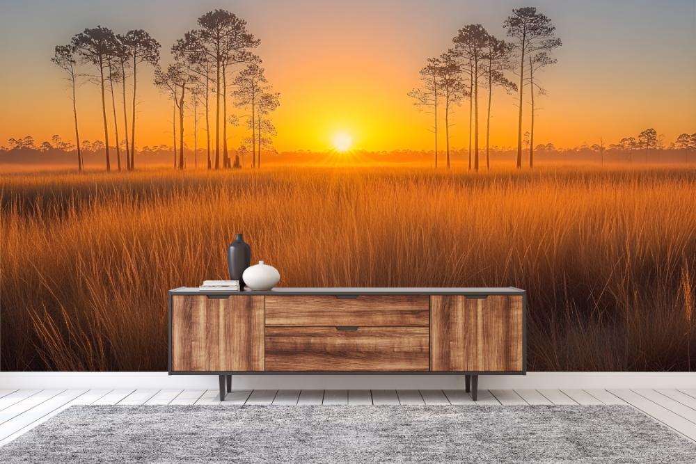 Zonsondergang boven Grasveld met Bomen