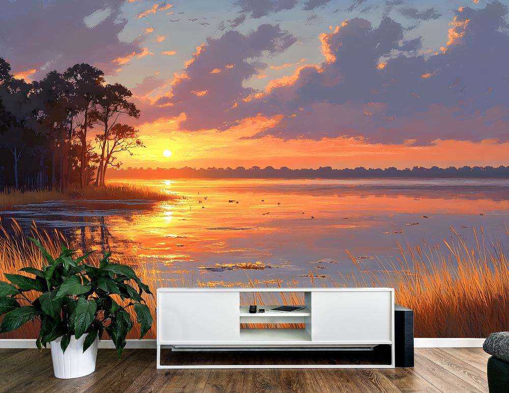 Zonsondergang boven Stil Waterlandschap