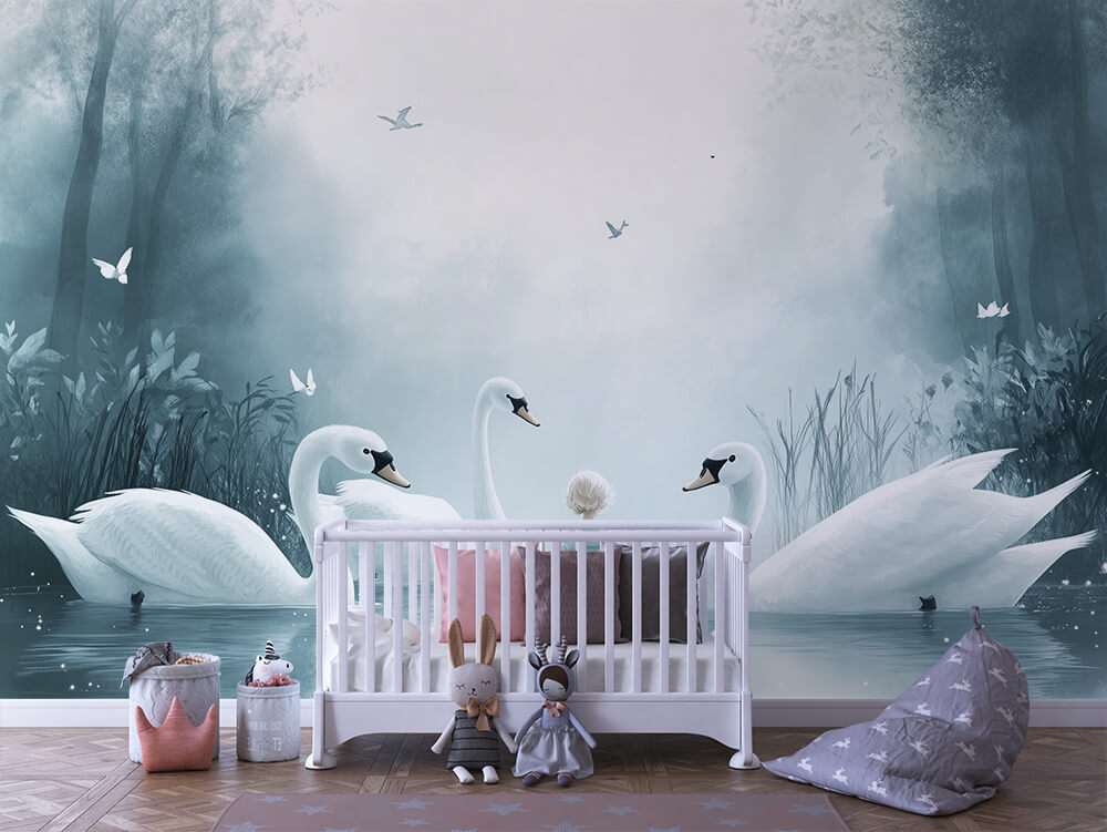Zwanen in mistig meer kinderkamer