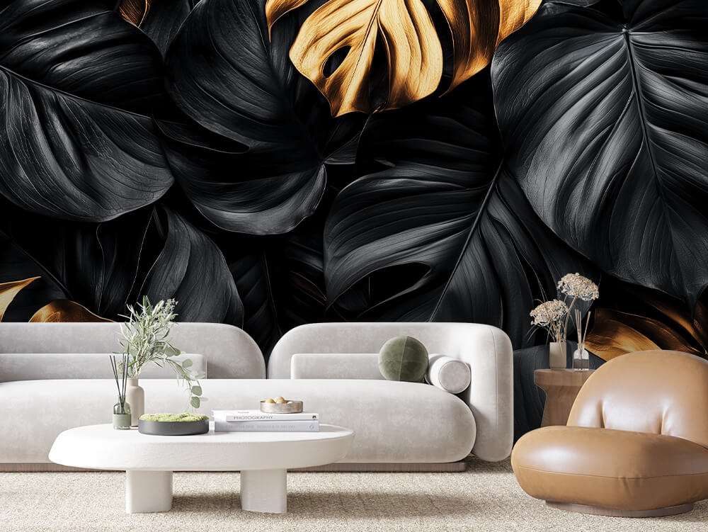 Zwarte en Gouden Tropische Bladeren