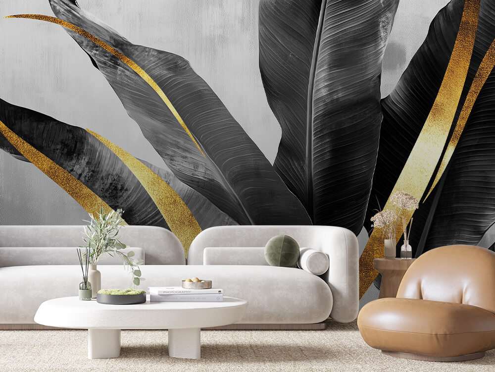 Zwarte en Gouden Tropische Bladeren op Betonlook