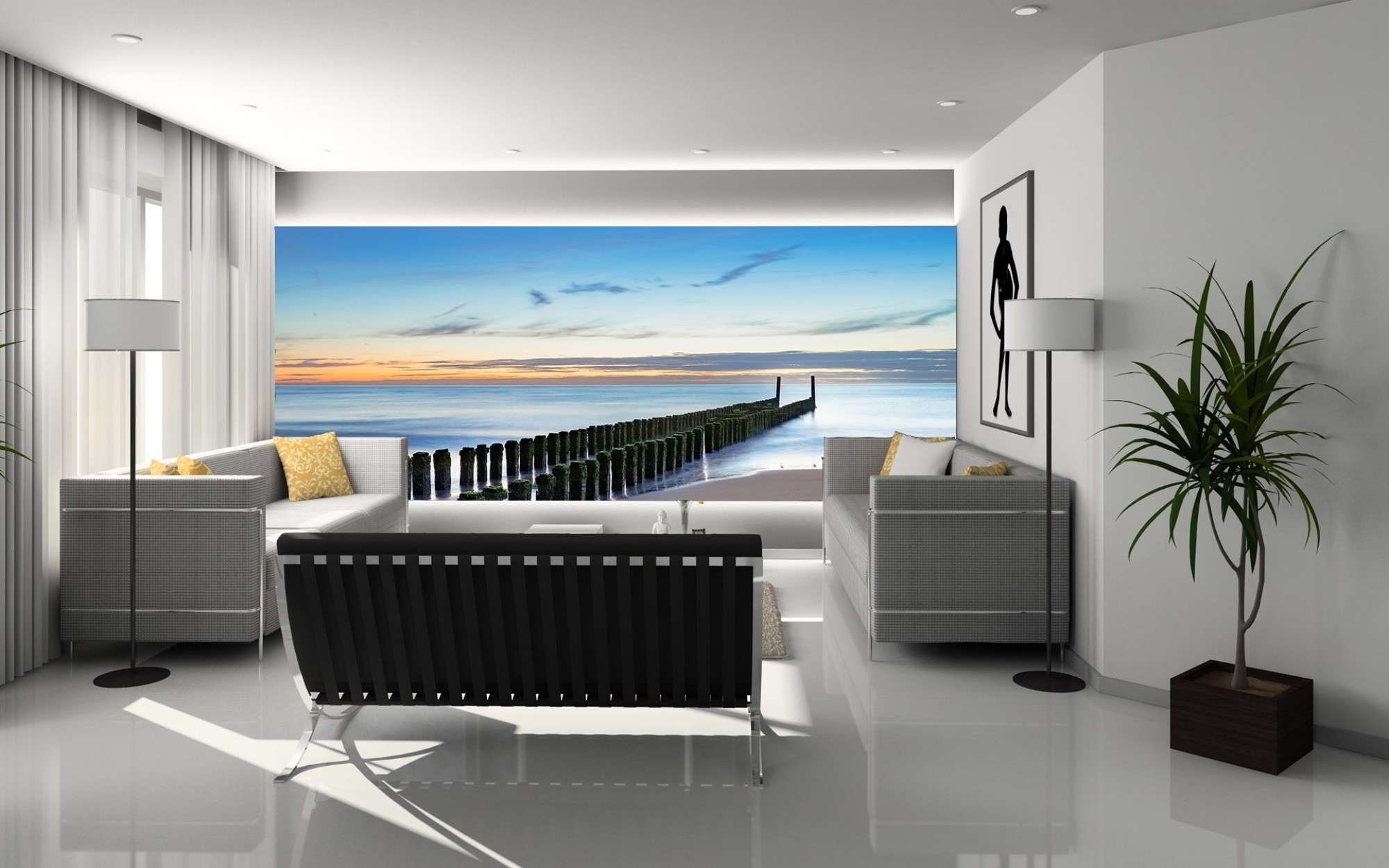 Strand met Houten Palen bij Zonsopkomst