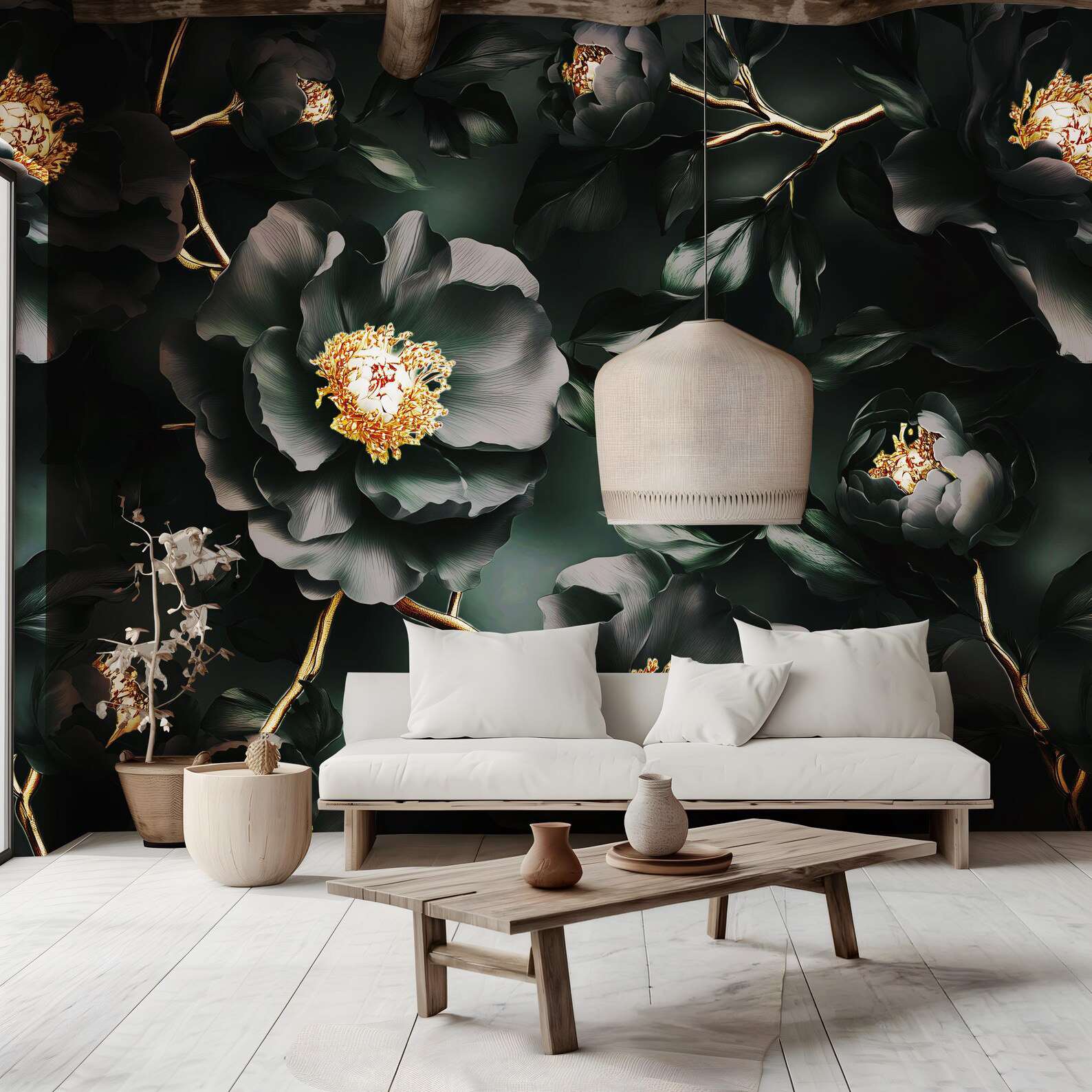 Donkergroene Bloemen met Gouden Takken