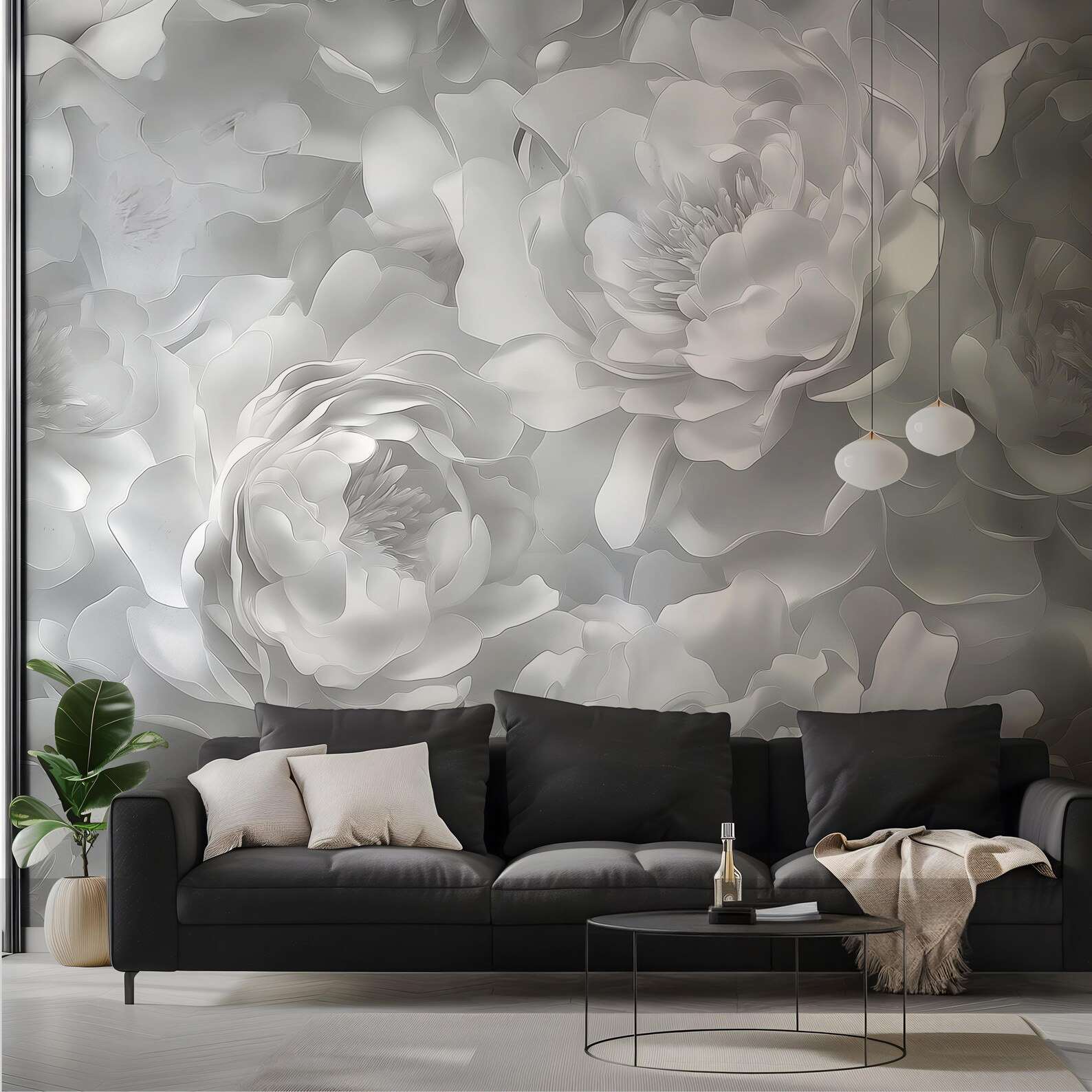 Witte Bloemen Reliëf Zacht Grijs