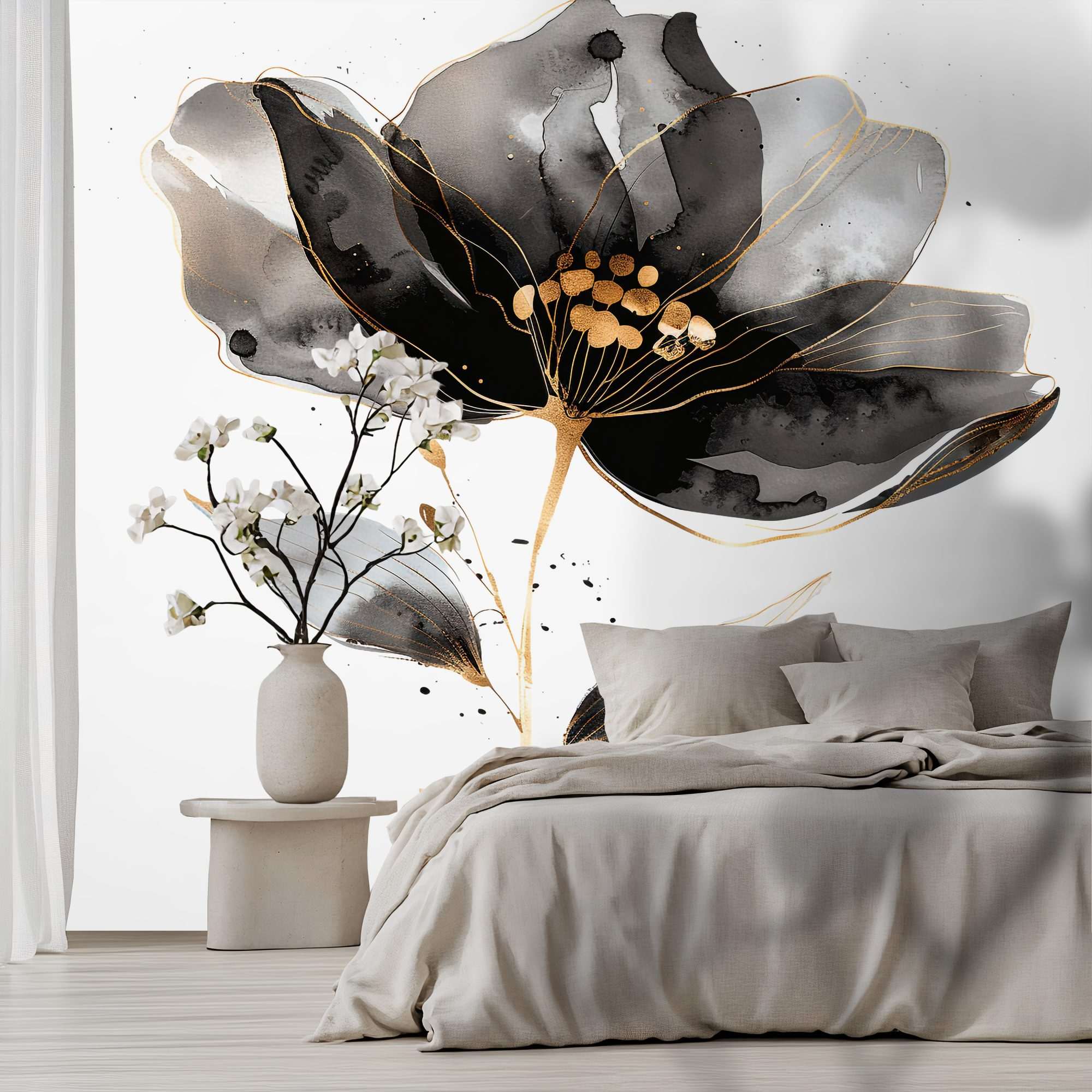 Zwart-Witte Bloem met Gouden Accenten